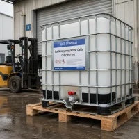 isoalkyloxypropylamine-oxide-cas-218141-49-2-ibc-tote-export-uetchmical IBC tote container of Isoalkyloxypropylamine Oxide CAS 218141-49-2 with hazard labels near a forklift, ready for international shipping and export from China by UET Chemical.