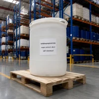isoalkyloxypropylamine-oxide-cas-218141-49-2-industrial-plastic-drum-uetchmical White industrial plastic drum of Isoalkyloxypropylamine Oxide CAS 218141-49-2 on a wooden pallet in a warehouse, indicating bulk stock availability for B2B supply by UET Chemical.