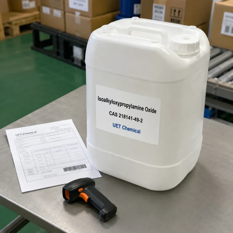 isoalkyloxypropylamine-oxide-cas-218141-49-2-plastic-jerrycan-shipping-uetchmical White plastic jerrycan of Isoalkyloxypropylamine Oxide CAS 218141-49-2 with shipping documents and barcode scanner, representing efficient order processing and quality control by UET Chemical.