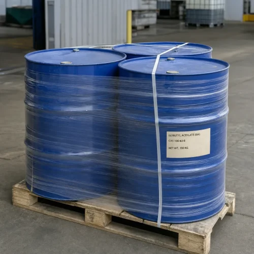isobutyl-acrylate-cas-106-63-8-180kg-drums-pallet Four 180kg blue drums of Isobutyl Acrylate (IBA) CAS 106-63-8 shrink-wrapped on wooden pallet for export