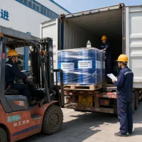 UET Chemical workers loading palletized Isobutyl Acrylate (IBA) CAS 106-63-8 drums into shipping container by forklift