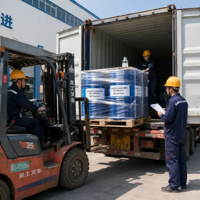 UET Chemical workers loading palletized Isobutyl Acrylate (IBA) CAS 106-63-8 drums into shipping container by forklift