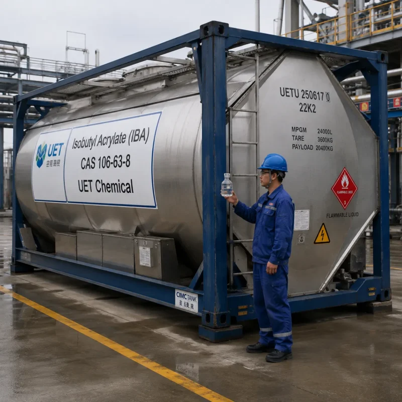 Chinese engineer holding clear Isobutyl Acrylate (IBA) CAS 106-63-8 sample beside 24000L ISO tank, UET Chemical