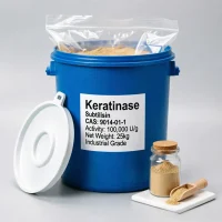 keratinase-subtilisin-cas-9014-01-1-25kg-industrial-drum-packaging 25kg blue plastic drum of Keratinase (Subtilisin) CAS 9014-01-1 with inner polyethylene liner, white lid, glass sample jar, and wooden scoop for bulk industrial enzyme supply.