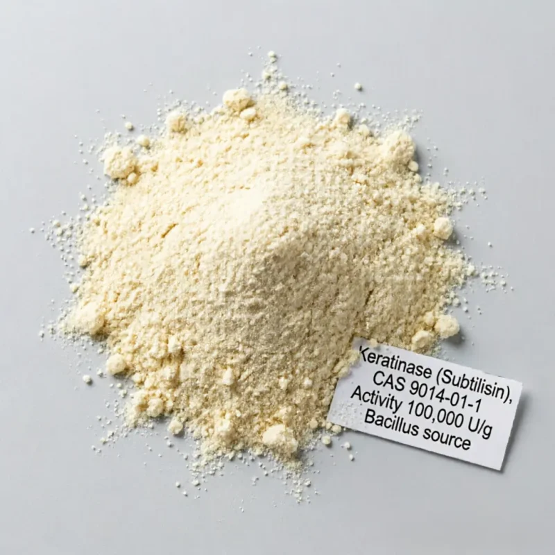 keratinase-subtilisin-cas-9014-01-1-bacillus-enzyme-powder-activity Macro shot of beige Keratinase (Subtilisin) CAS 9014-01-1 enzyme powder from Bacillus source, showing 100,000 U/g enzymatic activity for industrial applications.