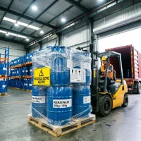 keratinase-subtilisin-cas-9014-01-1-forklift-container-loading-export Forklift driver moving a pallet of Keratinase CAS 9014-01-1 industrial drums wrapped in stretch film, featuring a prominent "Biological Enzyme - Keep Dry" yellow label for safe bulk export.
