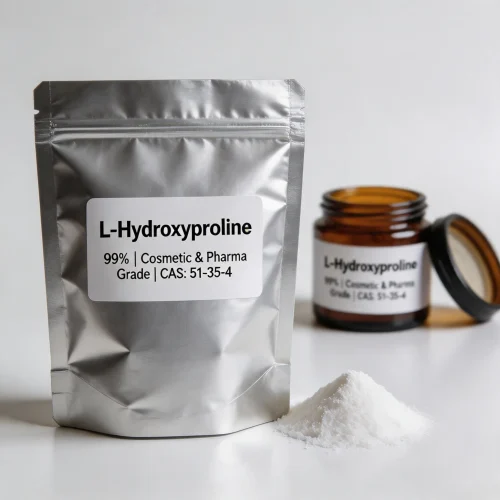 l-hydroxyproline-51-35-4-aluminum-bag-small-packaging Silver aluminum bag of L-Hydroxyproline CAS 51-35-4 amino acid with clear product label for food grade supply