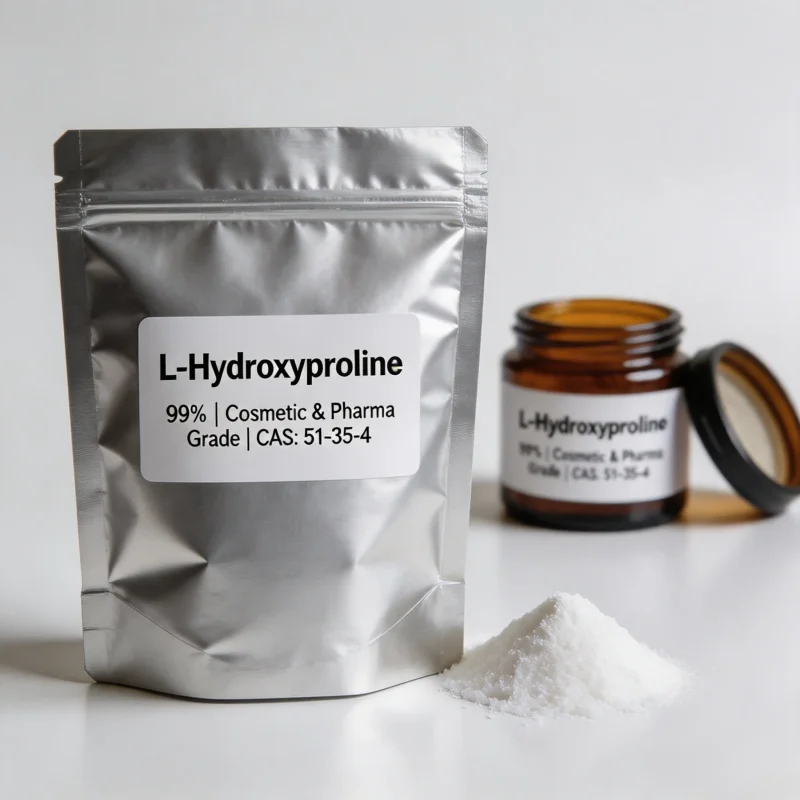 l-hydroxyproline-51-35-4-aluminum-bag-small-packaging Silver aluminum bag of L-Hydroxyproline CAS 51-35-4 amino acid with clear product label for food grade supply