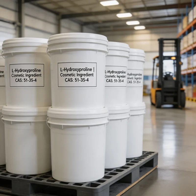 l-hydroxyproline-51-35-4-fiber-drums-warehouse-bulk Stacked fiber drums and cartons of L-Hydroxyproline CAS 51-35-4 on pallets in warehouse for bulk wholesale