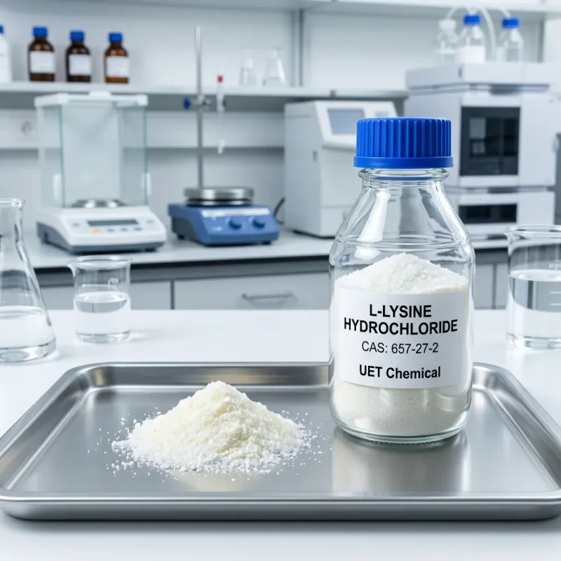 l-lysine-hcl-cas-657-27-2-white-crystalline-powder L-Lysine HCl (CAS 657-27-2) white crystalline amino acid powder sample in UET Chemical QC lab