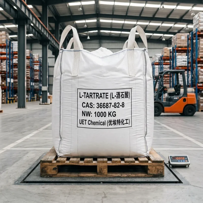 l-tartrate-cas-36687-82-8-1000kg-fibc-ton-bag-packaging 1000kg FIBC ton bag of L-Tartrate (CAS 36687-82-8) on pallet being weighed in warehouse