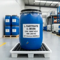 l-tartrate-cas-36687-82-8-200kg-blue-drum-packaging L-Tartrate (CAS 36687-82-8) packed in 200kg blue plastic drums, ready for export shipment by UET Chemical