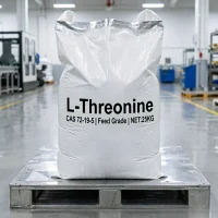 l-threonine-cas-72-19-5-25kg-feed-grade-woven-bag Industrial 25kg woven bag of L-Threonine CAS 72-19-5 Feed Grade on a metal pallet, clearly labeled with NET weight and product specifications for bulk supply.