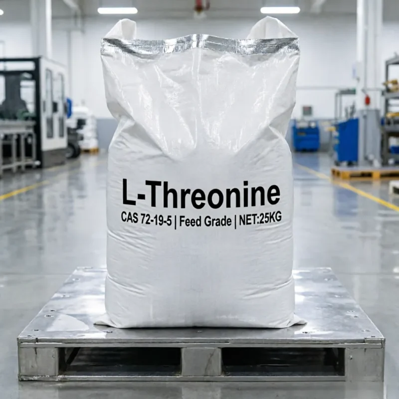 l-threonine-cas-72-19-5-25kg-feed-grade-woven-bag Industrial 25kg woven bag of L-Threonine CAS 72-19-5 Feed Grade on a metal pallet, clearly labeled with NET weight and product specifications for bulk supply.