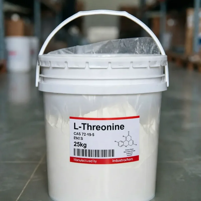 l-threonine-cas-72-19-5-25kg-plastic-bucket-alternative-packaging 25kg white plastic bucket of L-Threonine CAS 72-19-5 with an inner moisture-proof liner and product label, offering an alternative moisture-resistant industrial packaging option.