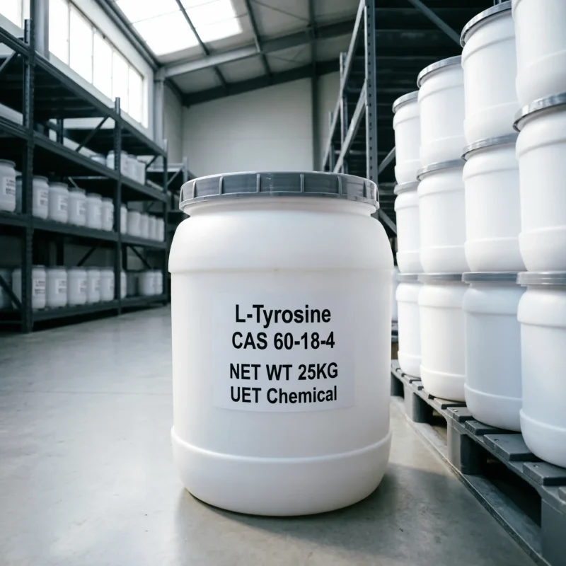 l-tyrosine-cas-60-18-4-25kg-plastic-drums 25kg white plastic drums of L-Tyrosine CAS 60-18-4 in UET Chemical warehouse