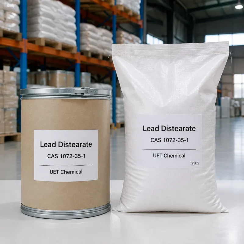 lead-distearate-25kg-bag-and-drum-options Comparison of Lead Distearate packaging options including a 25kg woven bag and a fiber drum, manufactured by UET Chemical.