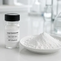 lead-distearate-cas-1072-35-1-powder-sample White powder sample of Lead Distearate CAS 1072-35-1 in a small glass laboratory bottle and on a white dish, showing high purity.