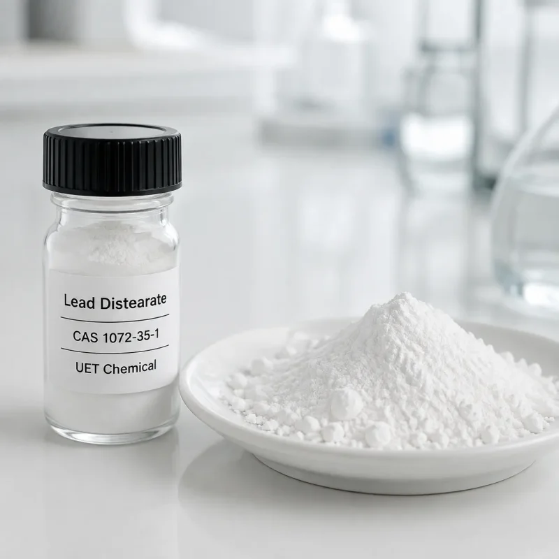lead-distearate-cas-1072-35-1-powder-sample White powder sample of Lead Distearate CAS 1072-35-1 in a small glass laboratory bottle and on a white dish, showing high purity.