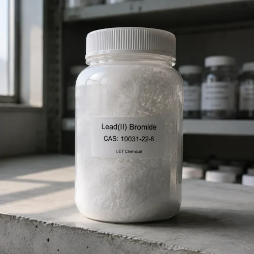 lead-ii-bromide-pbr2-white-crystalline-powder-bottle-cas-10031-22-8 White crystalline lead(II) bromide (PbBr2) powder CAS 10031-22-8 in plastic sample bottle by UET Chemical