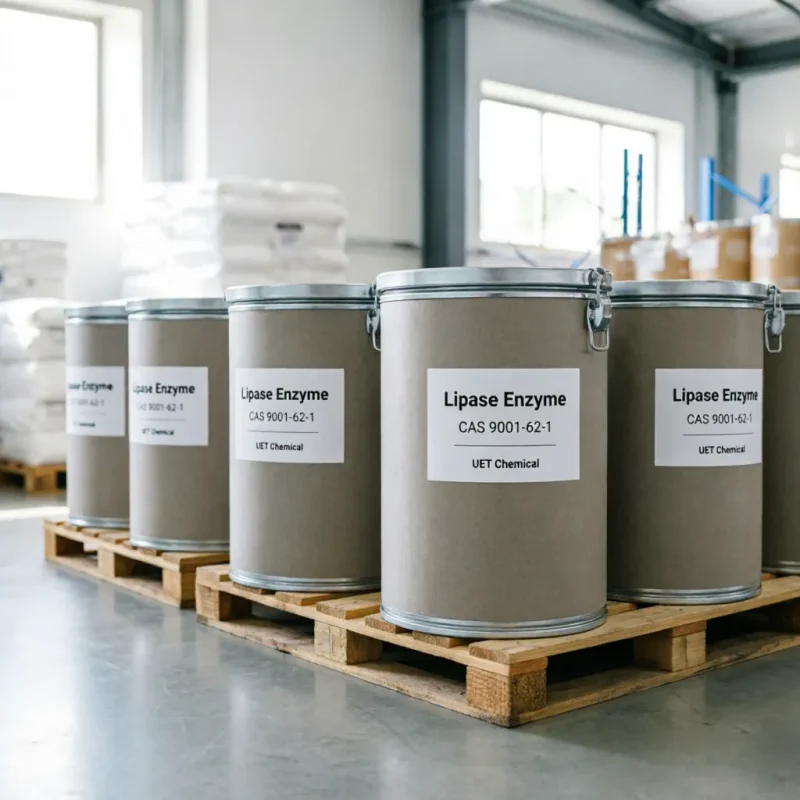 lipase-enzyme-cas-9001-62-1-bulk-drums-warehouse Bulk lipase enzyme CAS 9001-62-1 in sealed cardboard drums on wooden pallets ready for export – UET Chemical warehouse.