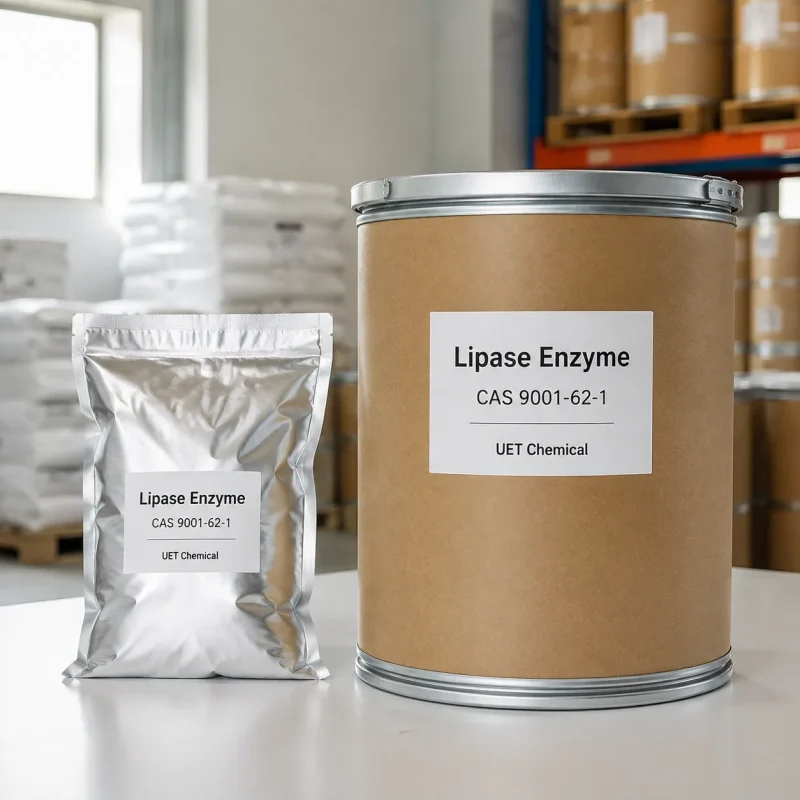 lipase-enzyme-cas-9001-62-1-foil-bag-drum-packaging Lipase enzyme CAS 9001-62-1 packaging options: silver foil sample bag and kraft paper drum with metal lid, UET Chemical.