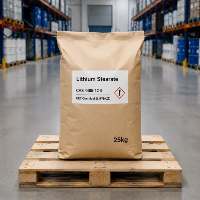 lithium-stearate-cas-4485-12-5-25kg-paper-bag-on-pallet A 25kg brown paper bag of Lithium Stearate CAS 4485-12-5 on a wooden pallet in a warehouse, labeled with UET Chemical branding and GHS hazard symbol.