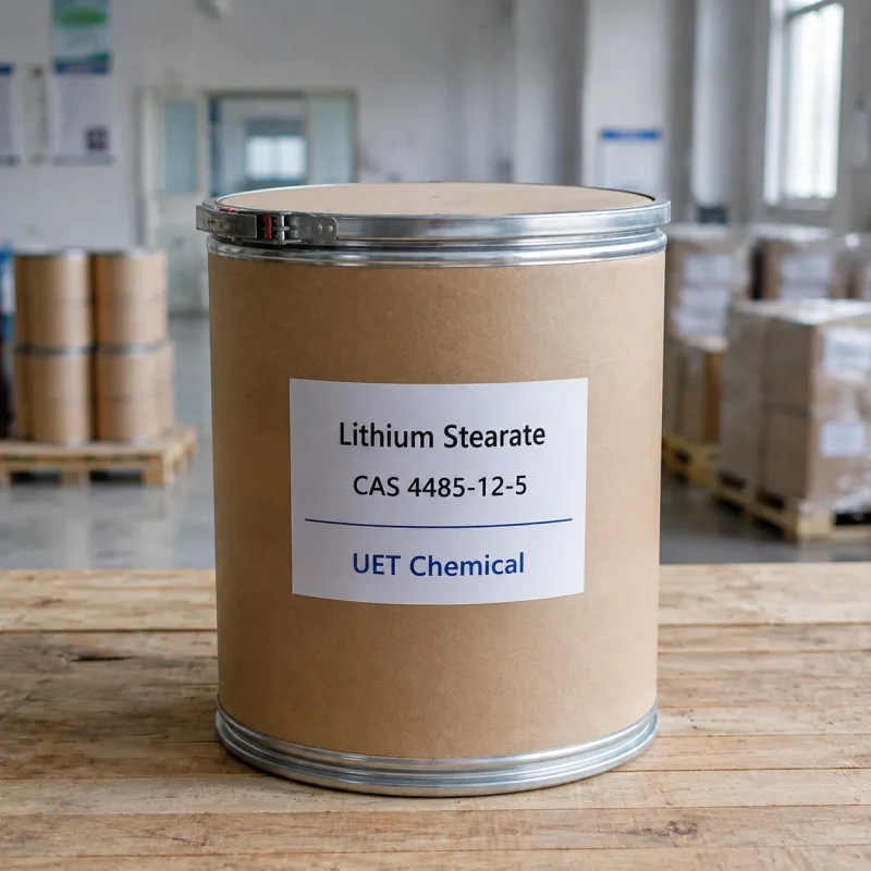 lithium-stearate-cas-4485-12-5-kraft-paper-drum-in-warehouse Kraft paper drum of Lithium Stearate CAS 4485-12-5 on a wooden pallet in a warehouse, labeled with UET Chemical branding.