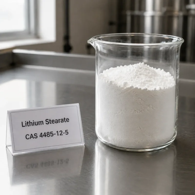 lithium-stearate-cas-4485-12-5-white-powder-sample-beaker White powder sample of Lithium Stearate CAS 4485-12-5 in a transparent glass beaker on a metal lab bench, next to a label card showing product name and CAS number.