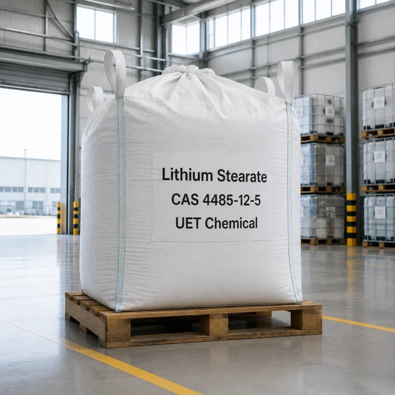 lithium-stearate-cas-4485-12-5-white-ton-bag-in-warehouse Large white ton bag of Lithium Stearate CAS 4485-12-5 on a wooden pallet inside a warehouse, labeled with UET Chemical branding.