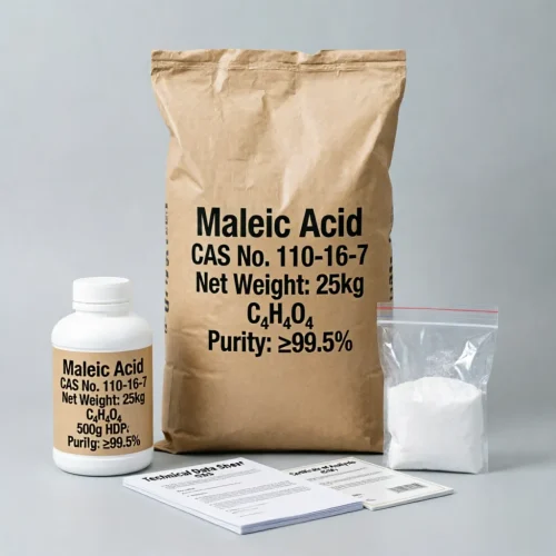 Bulk Maleic Acid CAS 110-16-7 in 25kg kraft paper bag with lab-grade bottle, sample pouch, and technical data sheet (TDS) for industrial chemical supply.