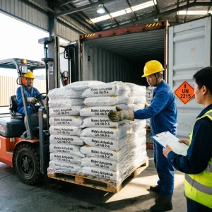 maleic-anhydride-cas-108-31-6-un-2215-export-container-loading B2B export loading of Maleic Anhydride (CAS 108-31-6) bags onto a container with UN 2215 dangerous goods label, showcasing safe and compliant hazardous chemical logistics for global distributors.
