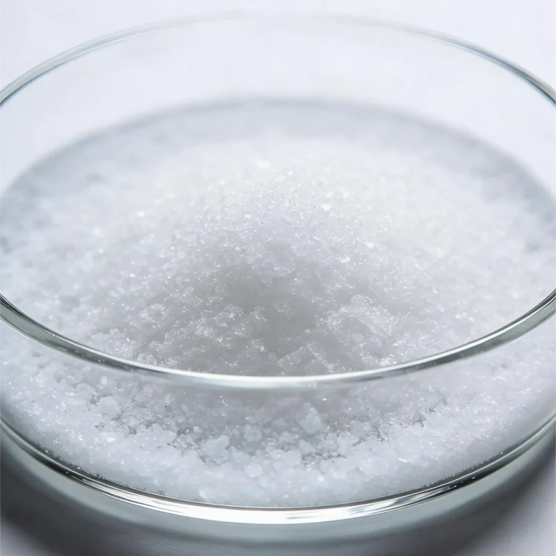 maleic-anhydride-cas-108-31-6-white-crystals-laboratory-sample Close-up laboratory sample of Maleic Anhydride (CAS 108-31-6) white crystalline powder in a glass petri dish, demonstrating the fine particle texture and strict quality control assurance.