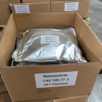 malononitrile-cas-109-77-3-aluminum-foil-bag-cardboard-box-25kg Open cardboard box containing silver aluminum foil bag of Malononitrile (CAS 109-77-3), labeled UET Chemical with net weight 25kg, made in China, suitable for small-batch or sample orders