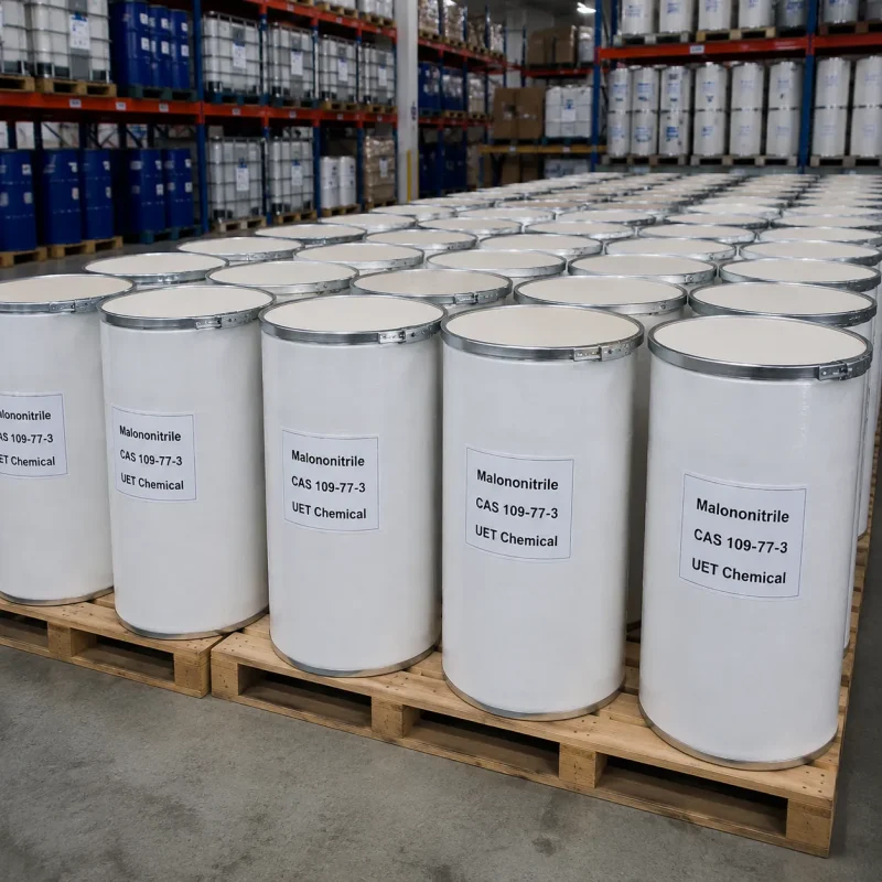 malononitrile-cas-109-77-3-white-fiber-drum-bulk-warehouse Rows of white fiber drums with metal hoops containing Malononitrile (CAS 109-77-3) on wooden pallets in warehouse, labeled UET Chemical, bulk industrial packaging for chemical synthesis applications