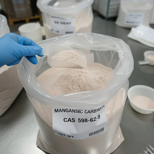 manganese-carbonate-598-62-9-powder-sample-scoop Light pink manganese carbonate powder CAS 598-62-9 scooped from bag showing fine texture and purity