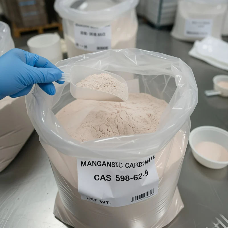 manganese-carbonate-598-62-9-powder-sample-scoop Light pink manganese carbonate powder CAS 598-62-9 scooped from bag showing fine texture and purity