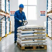 mbt-s-dm-bulk-pallet-warehouse-storage Inside our clean and well-organized warehouse, an operator is moving a shrink-wrapped wooden pallet loaded with 25kg bags of MBTS (DM) rubber accelerator using a manual pallet jack. The stacked bags have clear printed labels, showing we keep ample inventory on hand to fulfill urgent international orders.