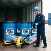 mdea-cas-105-59-9-container-loading-pallet-jack-bulk-export Chinese worker using a manual pallet jack to move blue drums of MDEA (N-Methyldiethanolamine) CAS 105-59-9 inside a shipping container, demonstrating safe bulk chemical export logistics.