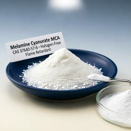 melamine-cyanurate-mca-halogen-free-flame-retardant-powder Close-up shot of Melamine Cyanurate (MCA) powder piled in a blue dish, sitting next to a clear label that highlights its halogen-free flame retardant properties. A glass dish and scoop rest nearby, showing the raw material's fine white texture.