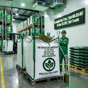metarhizium-anisopliae-500kg-fibc-bulk-wholesale-supply-cold-storage Wholesale bulk supply of Metarhizium anisopliae (2x10^9 CFU/g, CAS 67891-79-6) in a 500kg FIBC with an aluminum liner. The 8°C cold storage facility indicates optimal climate control to maintain a 16-month shelf life and QC-released stock for B2B agriculture clients.