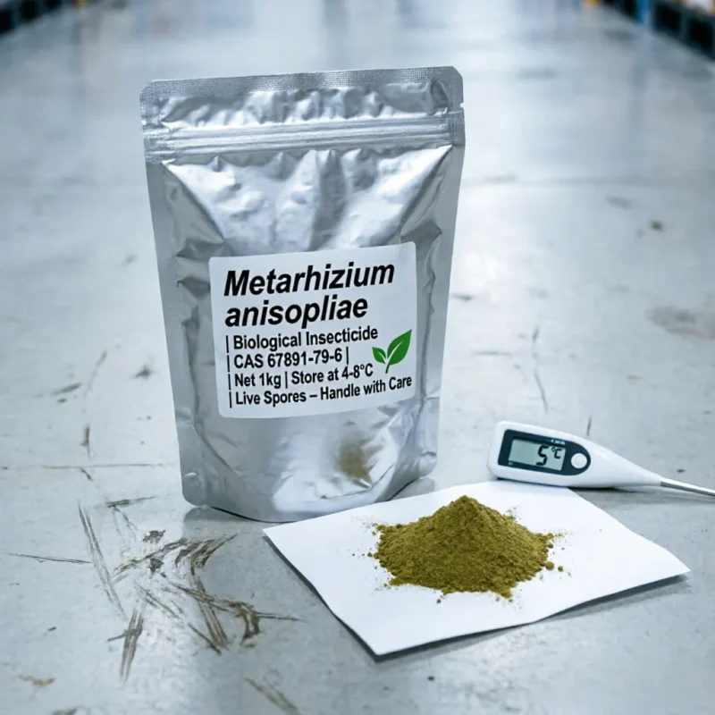 metarhizium-anisopliae-biological-insecticide-1kg-aluminum-bag-temperature-control 1kg aluminum foil packaging of Metarhizium anisopliae biological insecticide with live spores. The label requires 4-8°C storage, validated by the 5°C digital thermometer next to the powder, ensuring high viability for agricultural pest control.
