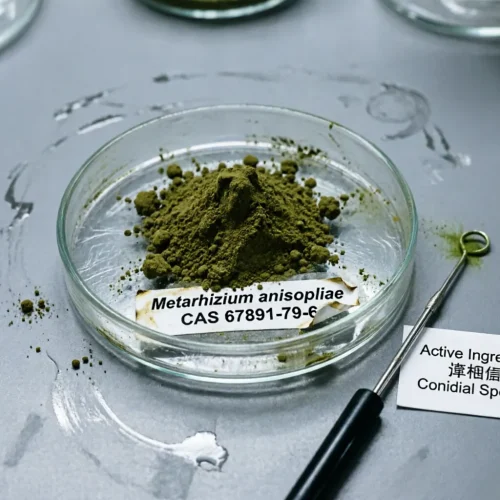 metarhizium-anisopliae-cas-67891-79-6-conidial-spores-lab-sample Laboratory sample of Metarhizium anisopliae (CAS 67891-79-6) olive-green conidial spore powder in a petri dish with an inoculation loop, showing the active biological control ingredient for effective mycoinsecticide applications.