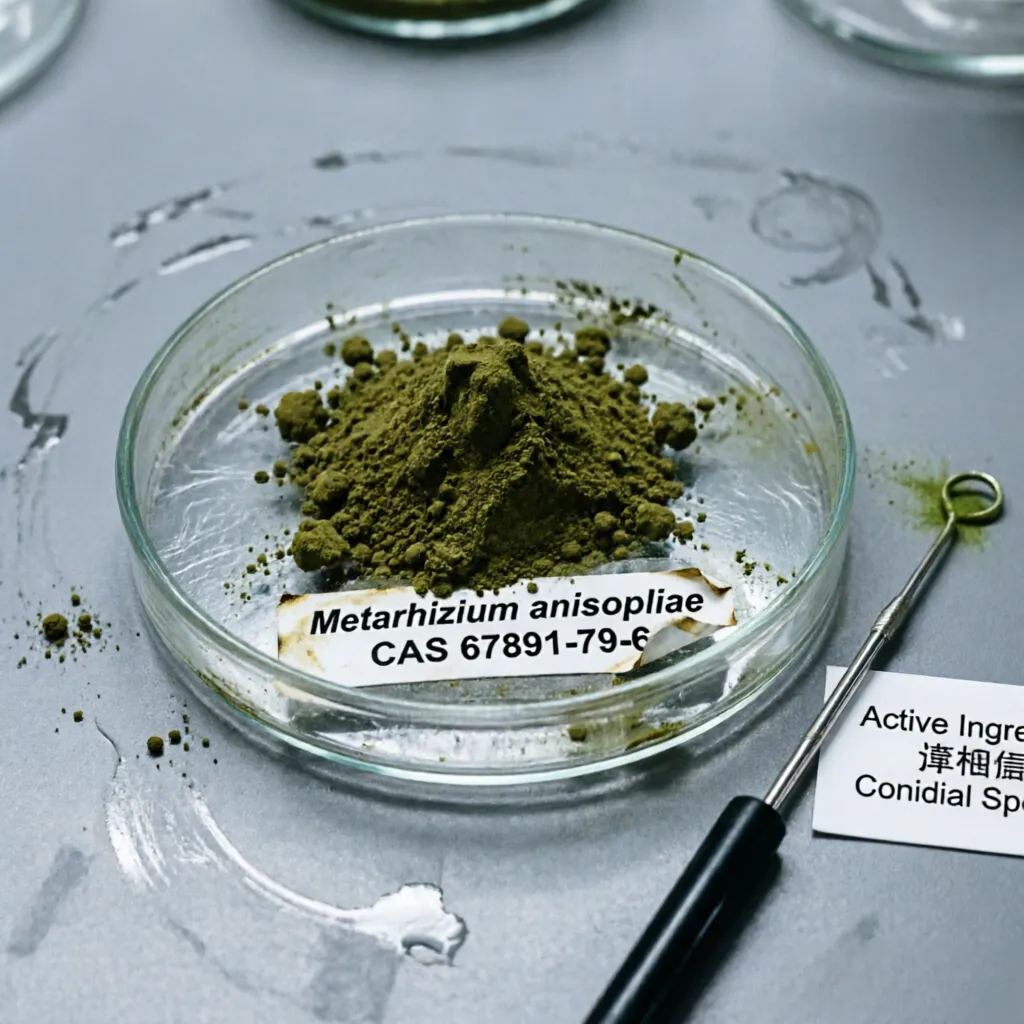 Laboratory sample of Metarhizium anisopliae (CAS 67891-79-6) olive-green conidial spore powder in a petri dish with an inoculation loop, showing the active biological control ingredient for effective mycoinsecticide applications.