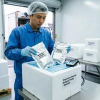 metarhizium-anisopliae-cold-chain-logistics-insulated-shipping-box Cold chain logistics preparation for temperature-sensitive Metarhizium anisopliae. A worker packs aluminum bags into an insulated cooler box with ice packs and a digital temperature monitor, ensuring live spore survival during expedited international shipping.