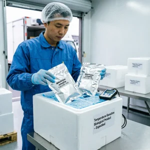 metarhizium-anisopliae-cold-chain-logistics-insulated-shipping-box Cold chain logistics preparation for temperature-sensitive Metarhizium anisopliae. A worker packs aluminum bags into an insulated cooler box with ice packs and a digital temperature monitor, ensuring live spore survival during expedited international shipping.