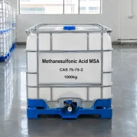 methanesulfonic-acid-msa-cas-75-75-2-1000kg-white-ibc-tote 1000kg white IBC tote of Methanesulfonic Acid MSA CAS 75-75-2 with metal frame and bottom valve on a blue pallet in a bright warehouse, label showing product name and net weight.