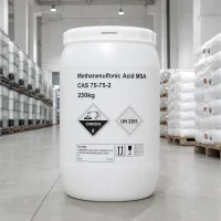 methanesulfonic-acid-msa-cas-75-75-2-250kg-white-plastic-drum 250kg white plastic drum of Methanesulfonic Acid MSA CAS 75-75-2 in a warehouse, label showing product name, CAS number, net weight, and GHS corrosive symbol with UN 3265 marking.