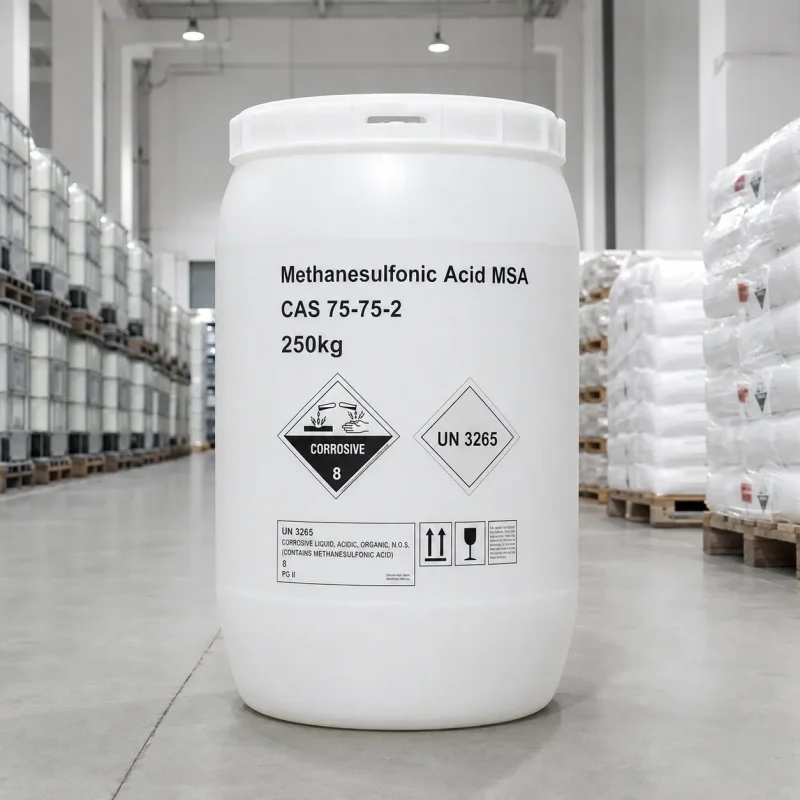 methanesulfonic-acid-msa-cas-75-75-2-250kg-white-plastic-drum 250kg white plastic drum of Methanesulfonic Acid MSA CAS 75-75-2 in a warehouse, label showing product name, CAS number, net weight, and GHS corrosive symbol with UN 3265 marking.