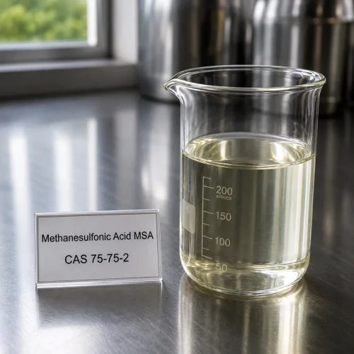methanesulfonic-acid-msa-cas-75-75-2-clear-liquid-sample-beaker Clear liquid sample of Methanesulfonic Acid MSA CAS 75-75-2 in a transparent glass beaker on a metal lab bench, next to a label card showing product name and CAS number.